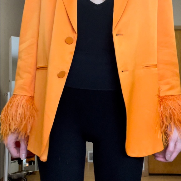 Orange Satin Zara blazer with feather trim wrists. - Picture 3 of 5
